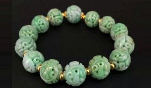 白底青满绿翡翠团寿龙纹珠手串 一串14颗古董珠宝